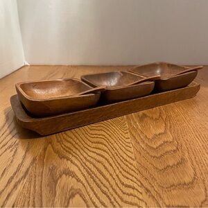 Hand Carved Monkey Pod Wood Tray with Bowls and Spoons